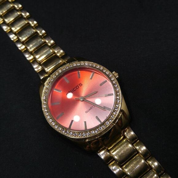 Chico\'s Red Fade Face Watch Rhinestones Gold Tone Link Style, 7 1/2 Inches main image 5